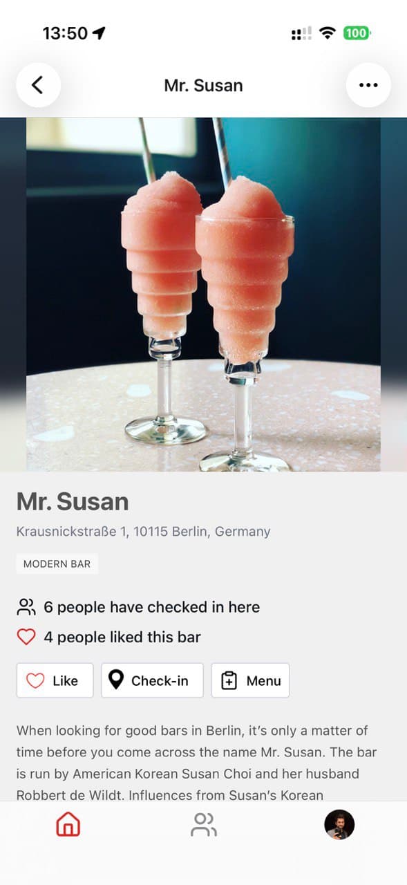 App screenshot — bar detail page