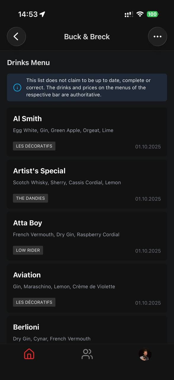 App screenshot — drinks menu